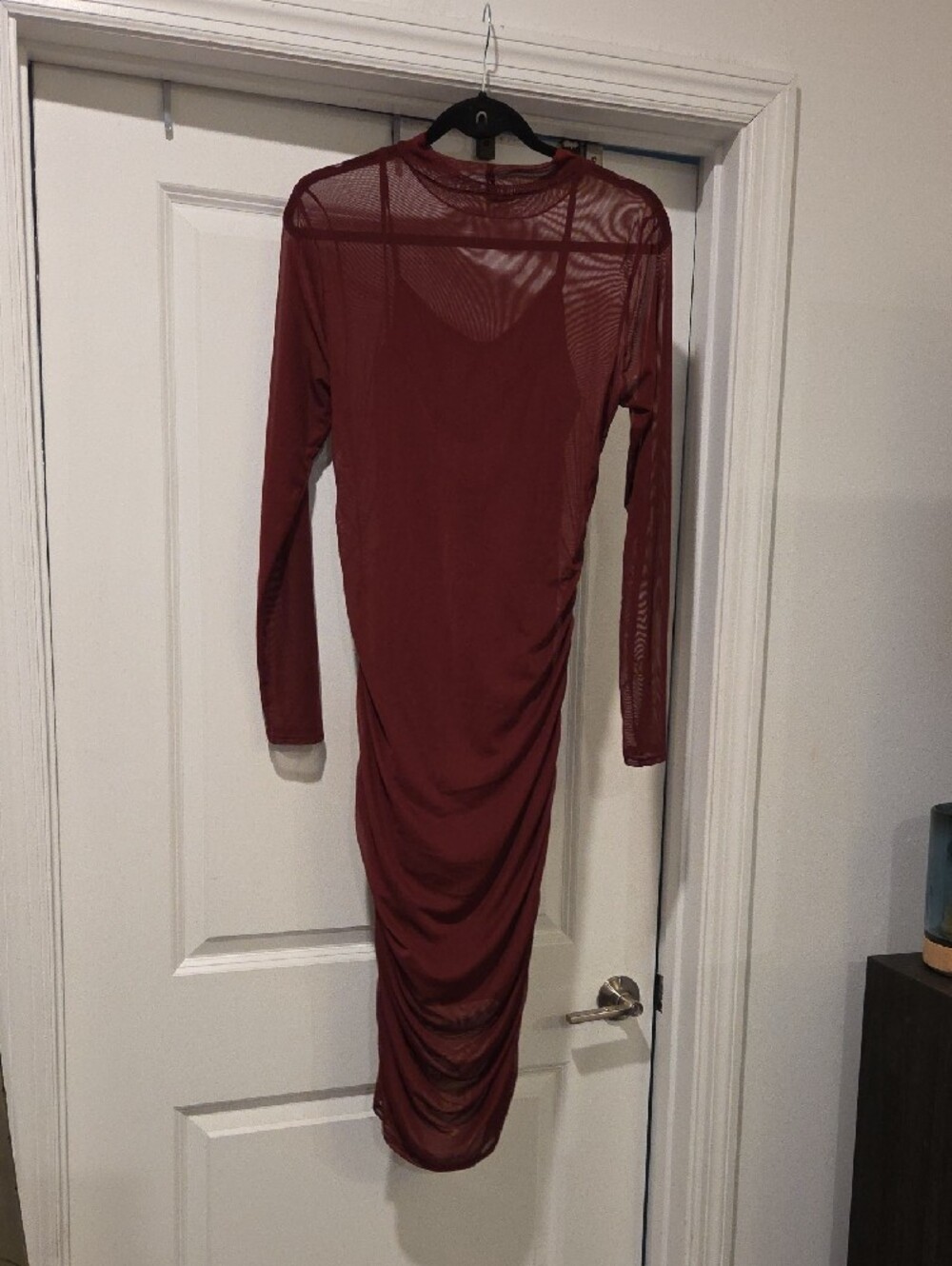 Derek Heart Burgundy Long Sleeve Sheer Ruched Midi Dress Size L, New W/tag! - Picture 2 of 10